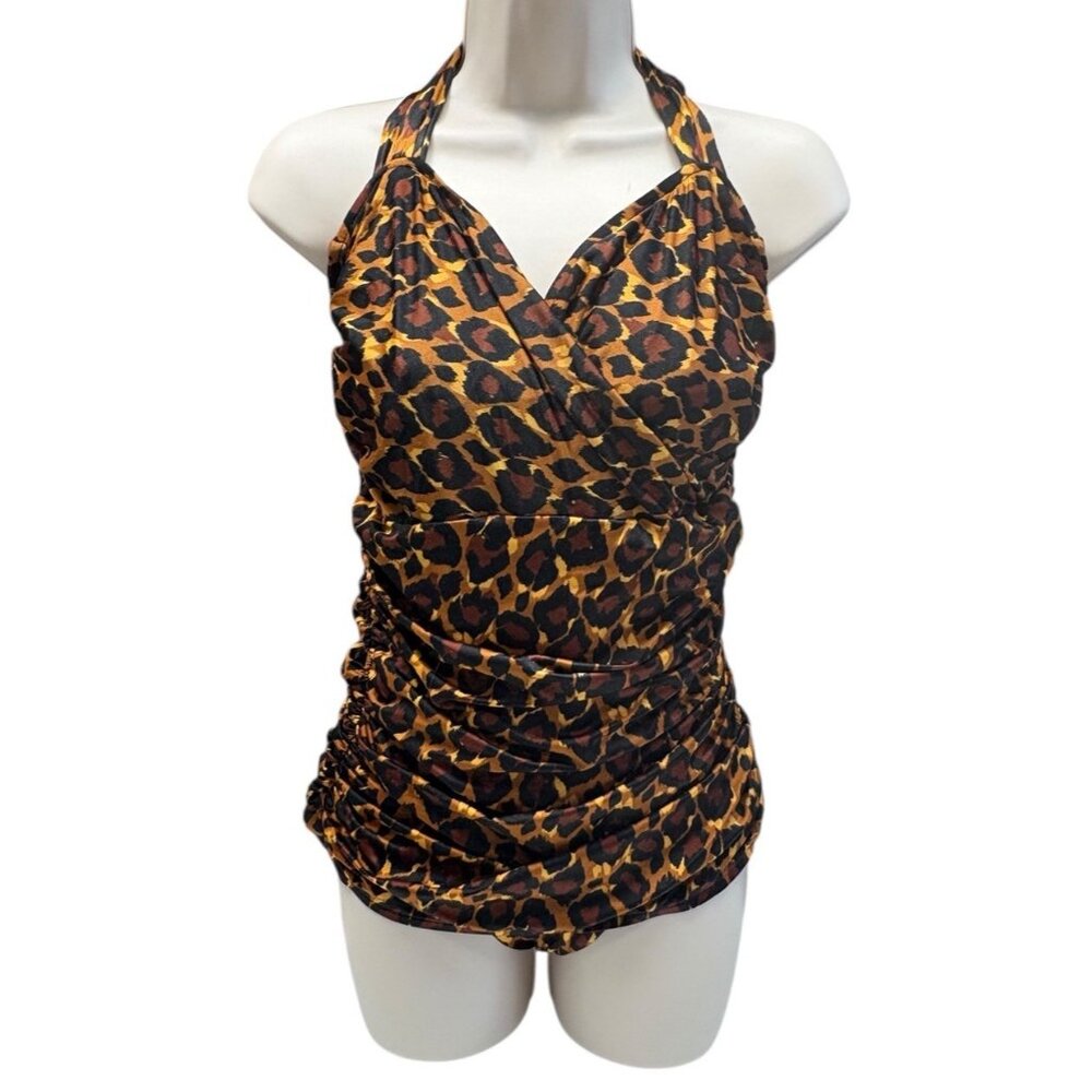 *Vintage Jantzen Swimsuit Womens 12 Leopard Halter One Piece Pin Up Rockabilly